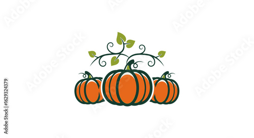 Stylized illustration of three orange pumpkins with dark green outlines stems and a leafy vine.
