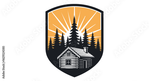 Log cabin in a pine forest with a sunburst framed within a shield emblem.