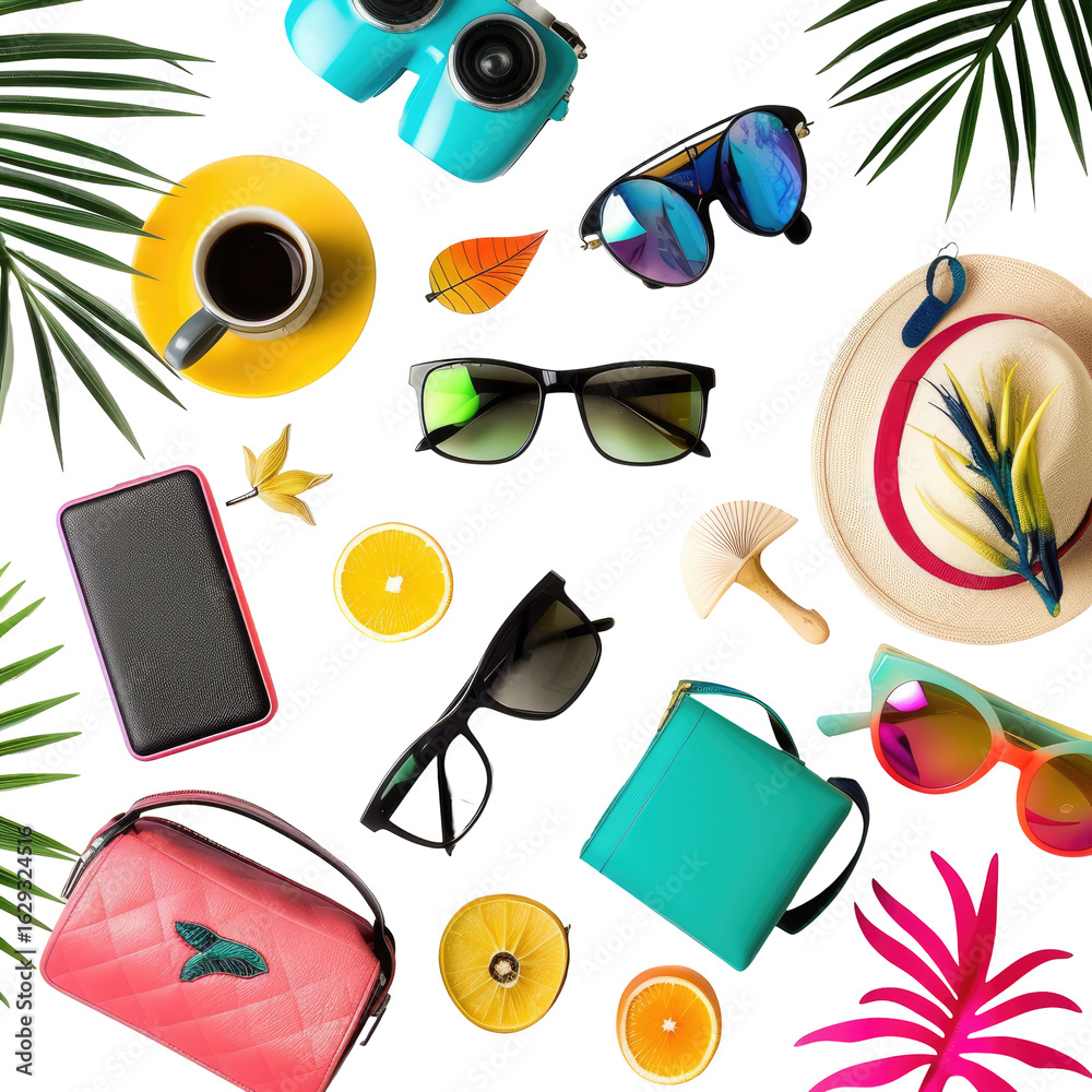 Naklejka premium Colorful summer accessories scattered on black background