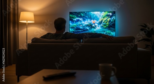 A person relaxes on a couch in a dark living room, watching a movie on a large, glowing television screen.