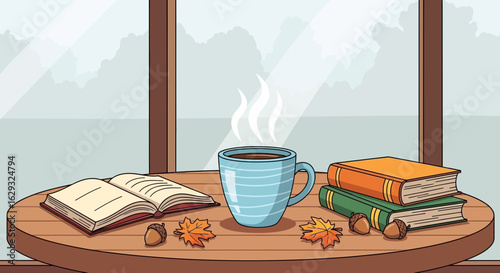 Cartoon still life of a steaming blue mug books acorns and maple leaves on a round wooden table.
