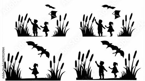 Silhouetted children with kites and bats among cattails in a nature scene collage arrangement