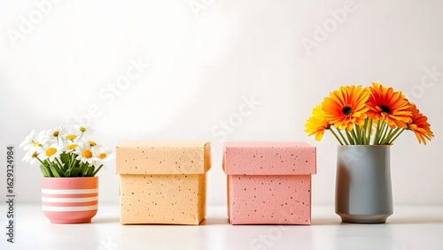 Still life photography of flowers in vases and gift boxes on white background studio shot
