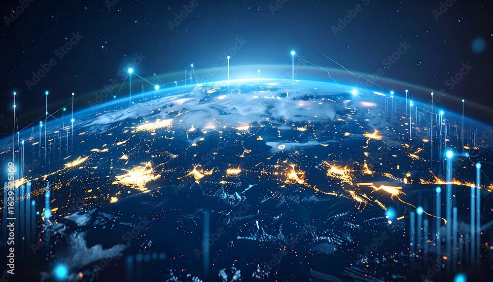 Fototapeta premium Night-lit Earth, glowing network lines connecting continents