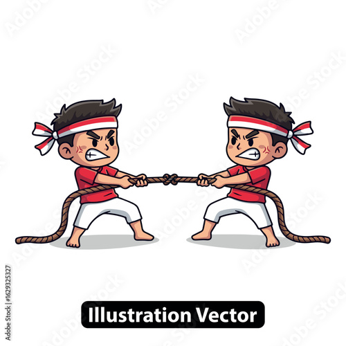 Two boys in fierce tug of war competition during a traditional cultural festival celebration