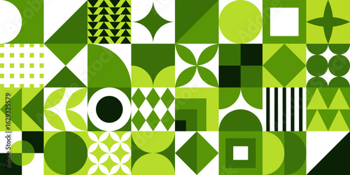 Green eco friendly symbol mosaic seamless pattern illustration set with nature abstract shapes. Fresh organic concept background print. Minimalist environment shape texture, geometry collage.