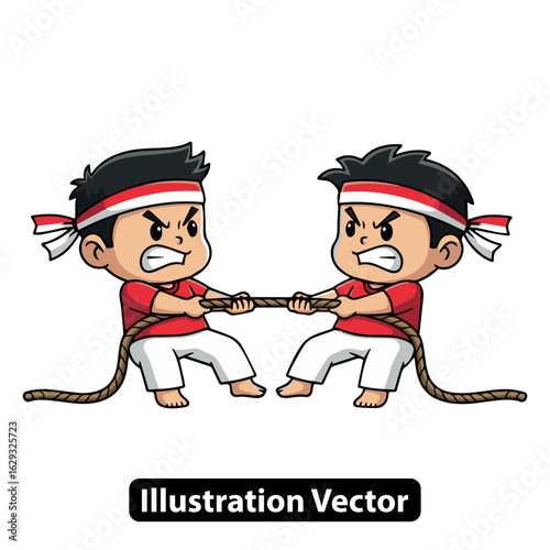 Cartoon illustration of two determined boys competing in a traditional tug of war game