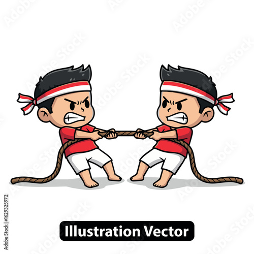 Cartoon boys in a traditional tug of war competition for Indonesian independence day celebration