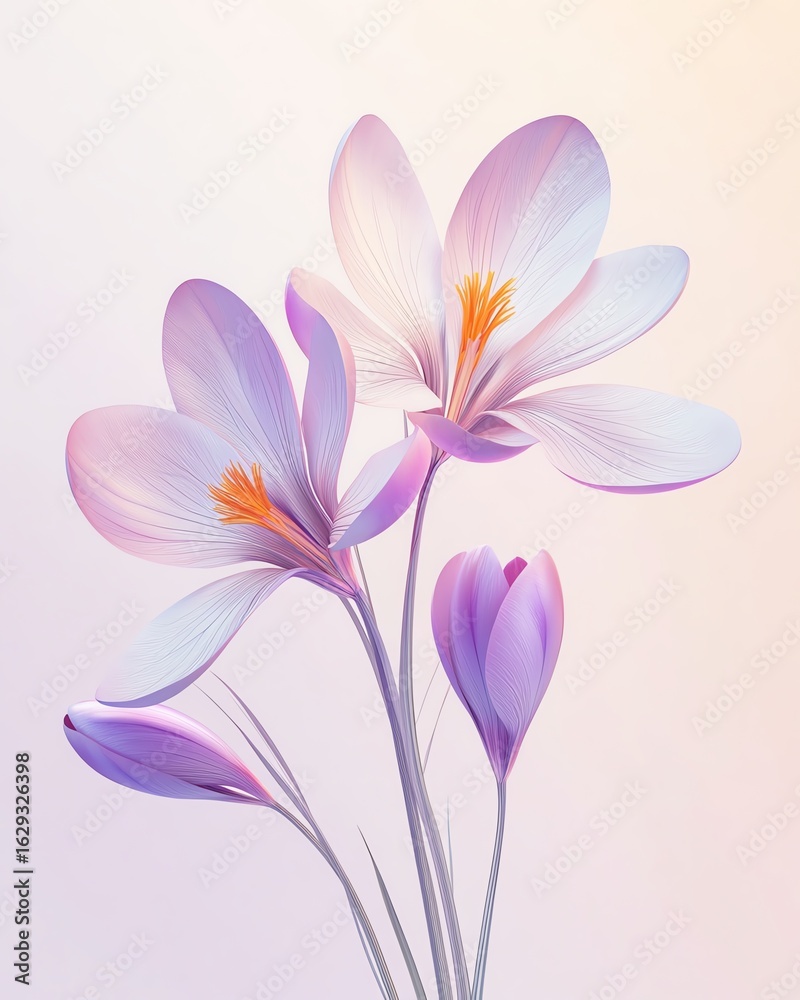 Fototapeta premium a detailed botanical illustration of several flowers against a very light background,3d soft pop.