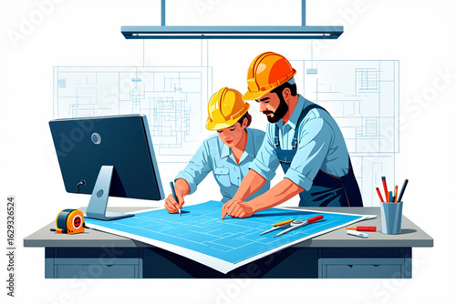Engineer and Technician in Safety Helmets Reviewing Plans at Workstation, Modern Flat Vector Design