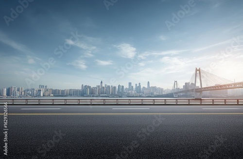 Serene urban highway scene with distant city skyline under clear blue sky, featuring smooth traffic flow and warm gray-yellow tones for minimalist advertising backdrops