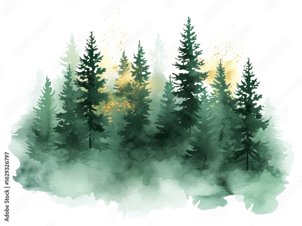 Obraz premium PNG Green watercolor with gold glitter outline stroke forest backgrounds outdoors nature.