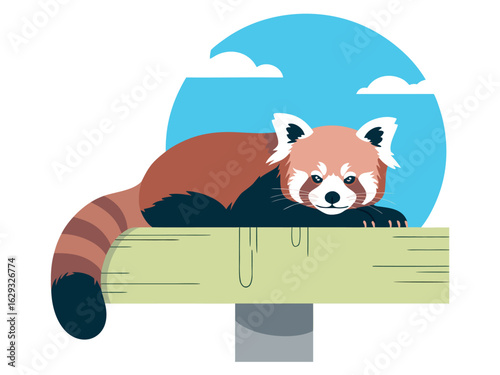Adorable Red Panda Lounging on a Wooden Beam with Blue Sky Background animal cute