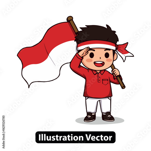 Cartoon boy celebrating Indonesian Independence Day by saluting while holding the national flag