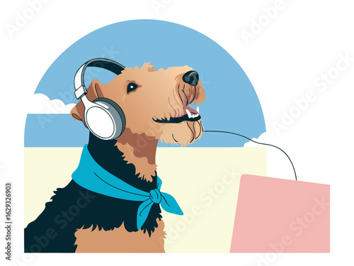 Airedale terrier dog with headphones and bandana listening to music near laptop animal