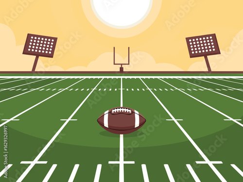 American football on a green field under stadium lights at sunset sport game