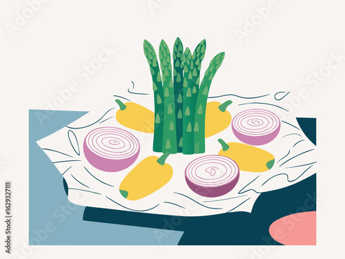 Assortment of fresh vegetables including asparagus, yellow peppers, and red onions