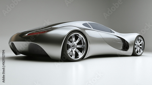 Exterior of the futuristic car with silver color and wide body. Low design with smooth lines. Clear grey background.