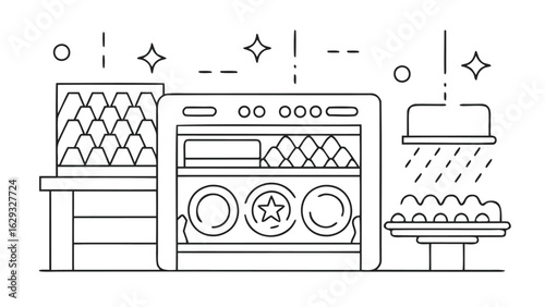 Line art illustration of a dishwasher with clean dishes and silverware sparkling in a kitchen scene