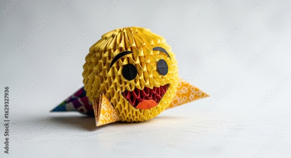 Fototapeta premium A yellow origami emoji face with black eyes and a red mouth on a white surface with patterned wings