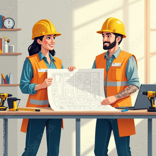 Engineer and Technician Discussing Blueprint at Workstation, Flat Vector Illustration of Workplace Collaboration