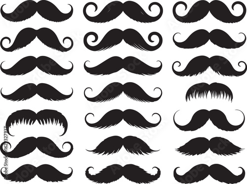 Collection of various black mustache styles on a white background