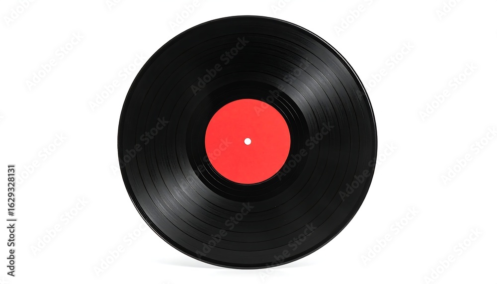 Fototapeta premium Black vinyl record with a red label, isolated on white background