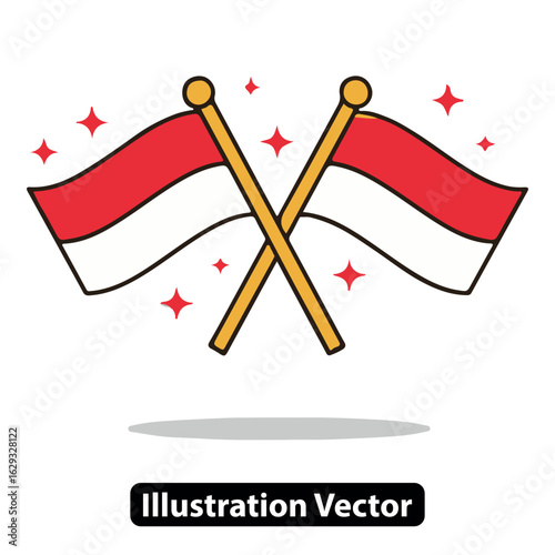 Two crossed flags of Indonesia in a cartoon style, celebrating national heritage and patriotism.