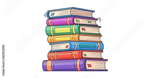 A colorful stack of books with bookmarks on a white background in a cartoon illustration style