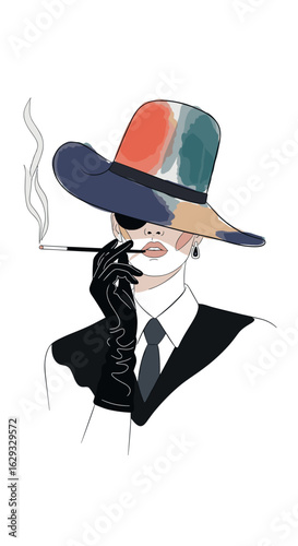 Elegant woman in hat smoking cigarette with style and sophistication