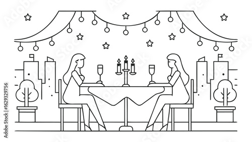 Two women at a romantic dinner table with candles and wine glasses in a city setting under star lights
