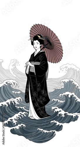 Graceful geisha amidst turbulent ocean waves holding a traditional parasol in artistic japanese style