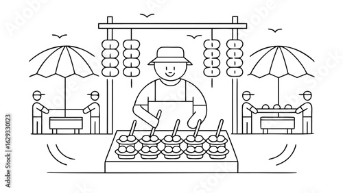 Illustration of a street food vendor with a hat selling desserts under a decorated stand with umbrellas