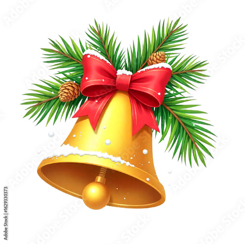 Christmas golden bell with Christmas decorations like cones, fir branches, berries, ribbons