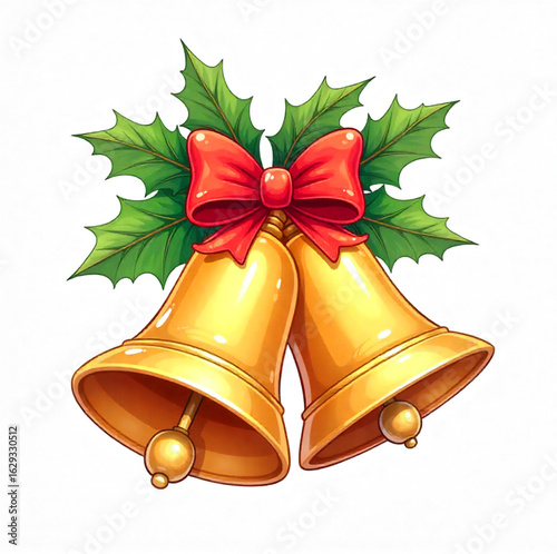 Christmas golden bell with Christmas decorations like cones, fir branches, berries, ribbons