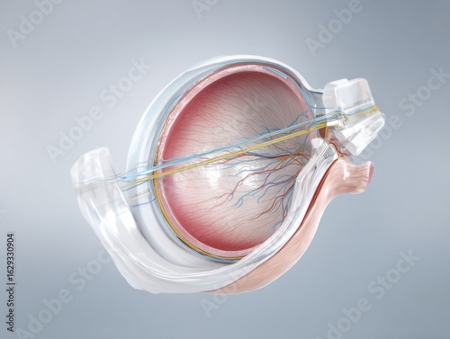 Human eye anatomy with internal structure on a light blue background