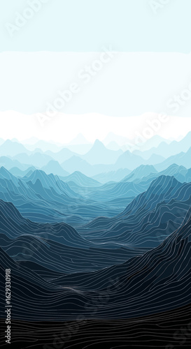 Expansive digital mountain range landscape with ethereal fog effect and futuristic terrain texture