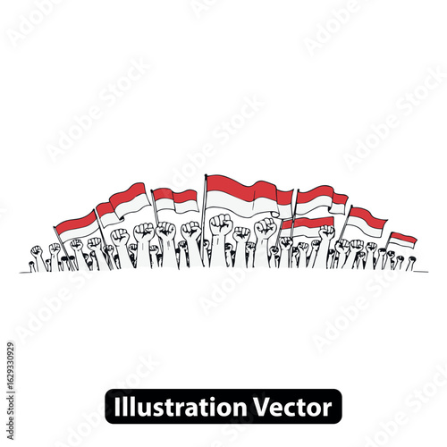 Patriotic celebration with a crowd waving red and white flags and raising their fists in unity