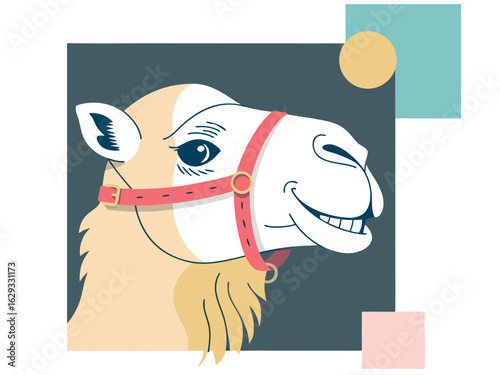 Close up illustration of a camel's head with a red bridle and smiling expression animal