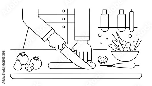 Chef preparing a salad with tomatoes, lettuce, carrots, and other fresh vegetables on a wooden board