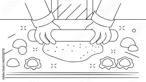 Hands rolling dough with rolling pin on table with pastries and window in black and white illustration