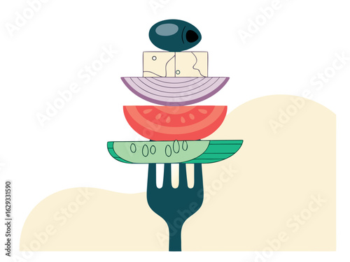 Colorful Greek Salad Skewered on a Fork with Abstract Shapes ingredients tomato