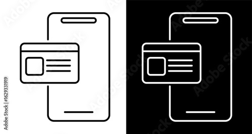 Digital identity card on a mobile phone display. Line art icon for electronic verification and personal data security.