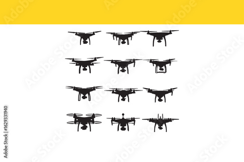 A collection of modern drone vector silhouettes showcasing different unmanned aerial vehicle designs and quadcopter styles.