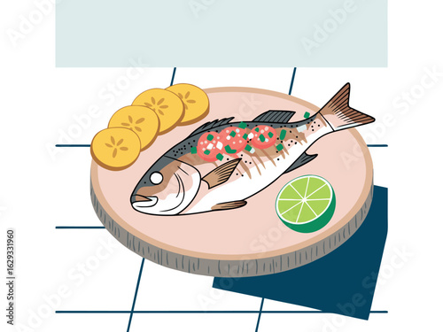 Cooked fish dish with plantains and lime on a wooden board illustration seafood food