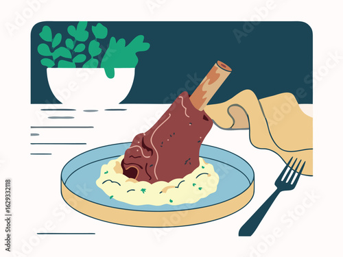 Cooked meat shank on mashed potatoes with fork and napkin food dish