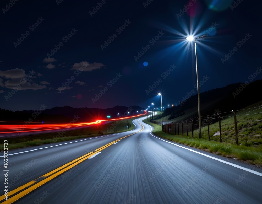Obraz premium Curved Night Road with Light Streaks and Gradients
