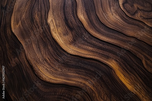 Rich, dark brown wood grain with undulating, flowing patterns and varying shades, creating a luxurious, textured surface