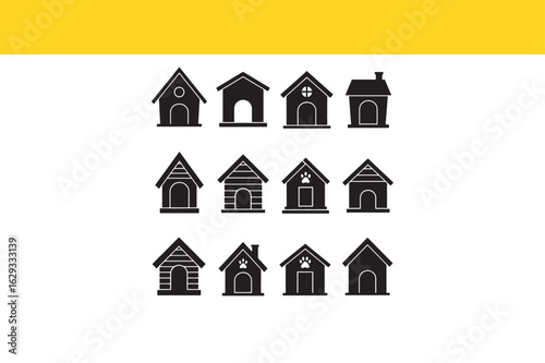 A versatile set of black silhouette doghouse icons. Collection of kennel glyphs and pet shelter symbols for graphic design projects.