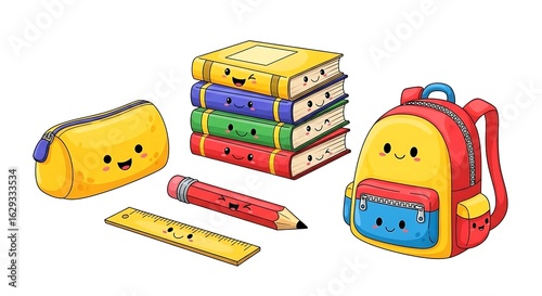 A cartoon depiction of school supplies including a backpack books and stationery with happy faces
